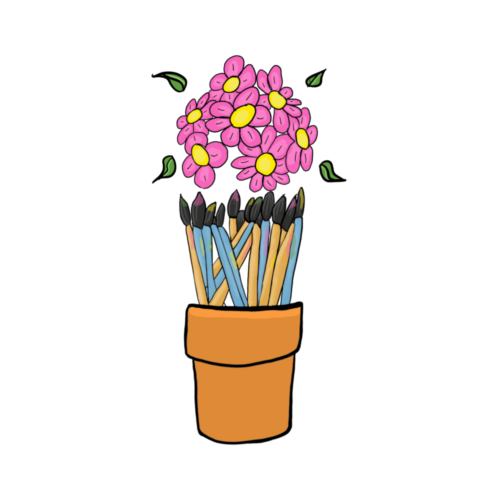Paintbrushes and floweres coming out of a pot.